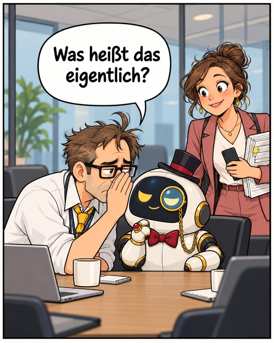 Tom flüstert Hallu ins Ohr: Was heißt das eigentlich? Janine schaut lächelnd zu.