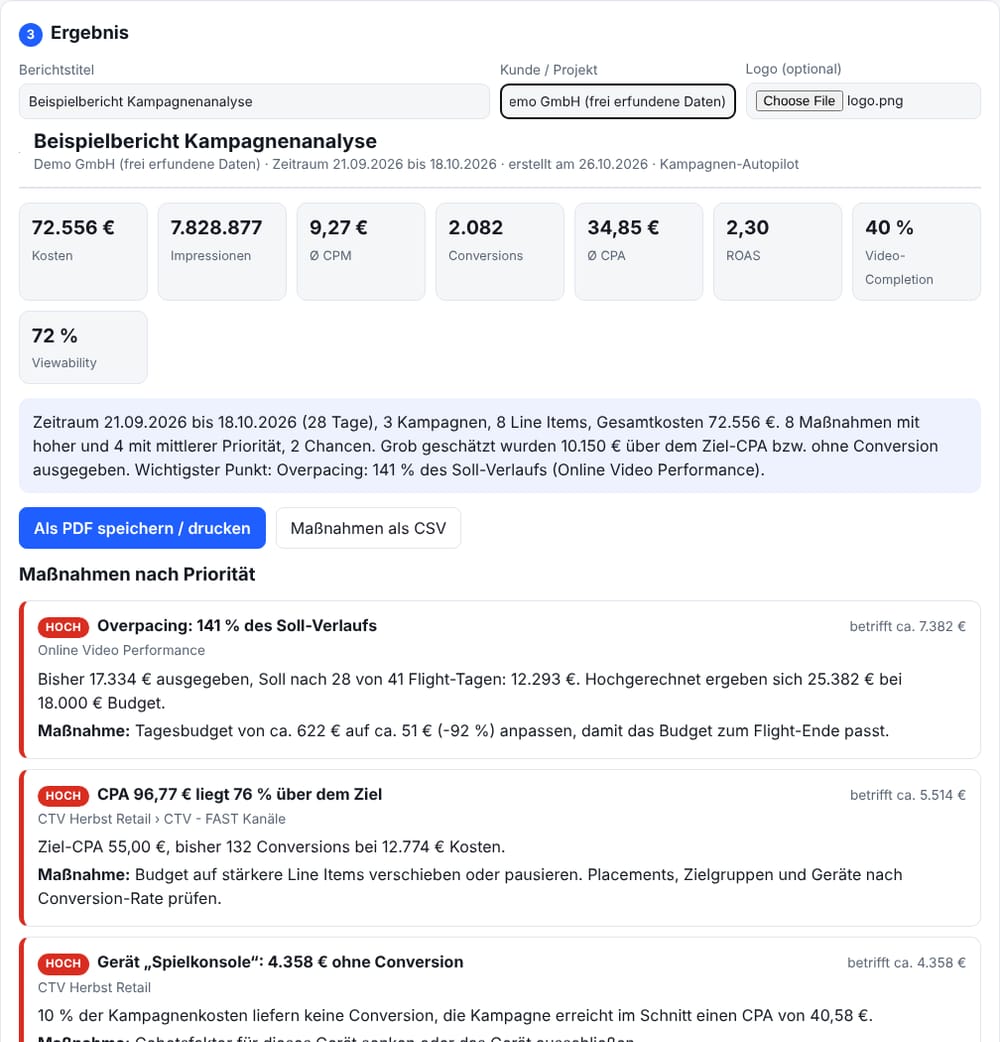 Ergebnis des Kampagnen-Autopilot mit Kennzahlen und priorisierten Maßnahmen